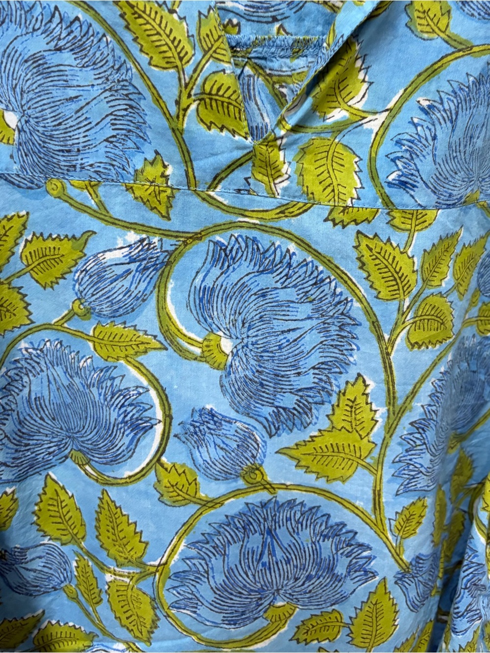 Blue & Green Floral Block Print V-Neck Blouse - Picture 2 of 3